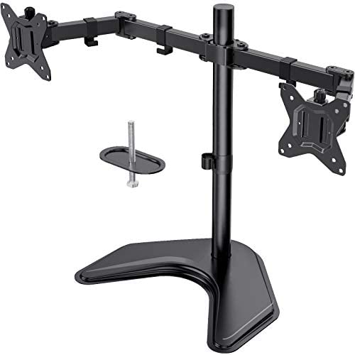 Dual Monitor Stand, Free Standing Height Adjustable Two Arm Monitor Mount for Two 13 to 32 inch Flat Curved LCD Screens with Swivel and Tilt, 17.6lbs per Arm by Huanuo