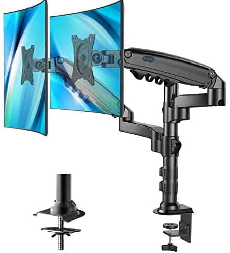 Dual Monitor Stand – Height Adjustable Gas Spring Double Arm Monitor Mount Desk Stand Fits Two 17 to 32 inch Screens with Clamp, Grommet Mounting Base, Each Arm Holds up to 19.8lbs