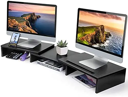 Dual Monitor Stand, Monitor Stand Riser with Adjustable Length and Angle Shelf, Screen Stand for Laptop/PC/TV/Computer, Multifunctional Desktop Organizer with Phone Holder