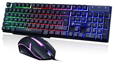 EDTO Gaming Keyboard Mouse Set,GT300 Colorful LED Illuminated Backlit USB Wired PC Rainbow Gaming Keyboard Mouse Set (Black,White) (Black)