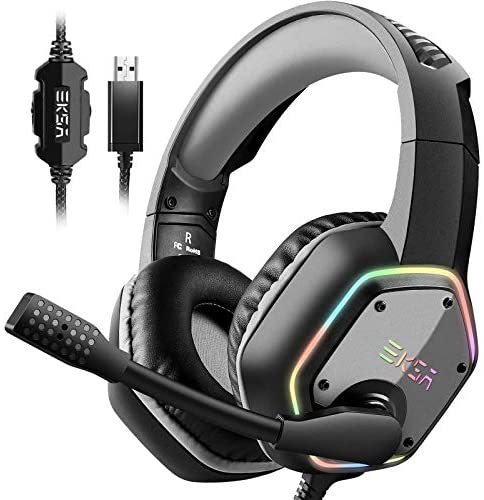 EKSA E1000 USB Gaming Headset for PC – Computer Headphones with Microphone/Mic Noise Cancelling, 7.1 Surround Sound Wired Headset&RGB Light – Gaming Headphones for PS4/PS5 Console Laptop