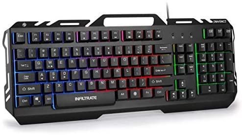 ENHANCE Infiltrate KL2 Membrane Gaming Keyboard – Quiet Keyboard with 3 Multi Color LED Lighting Modes, Turbo Input Mode, Anti-Ghosting, 19 Key Roll Over, Slim Low Profile Metal Design
