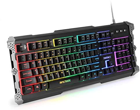 ENHANCE Infiltrate Membrane Gaming Keyboard – RGB Gaming Keyboard with Quiet Mechanical Clicking Keys – 7 Color LED + 9 Dynamic Effects, LED Sound Response – Spill Resistant with Metal Accents