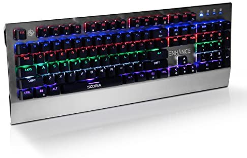 ENHANCE LED Mechanical Gaming Keyboard – Red Switches 104 Backlit Keys Pro Series FPS/MOBA Brushed Aluminum Metal – Anti Ghosting, N-Key Rollover, 10 Lighting Modes – Scoria Tournament Keyboard