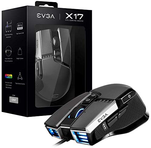 EVGA X17 Gaming Mouse, Wired, Grey, Customizable, 16,000 DPI, 5 Profiles, 10 Buttons, Ergonomic 903-W1-17GR-KR