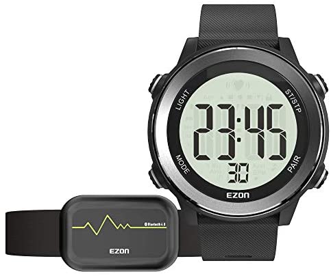 EZON Running Digital Watch Heart Rate Monitor Chest Strap Waterproof with Chronograph Calorie Counter Large Display for Men Black T057A11