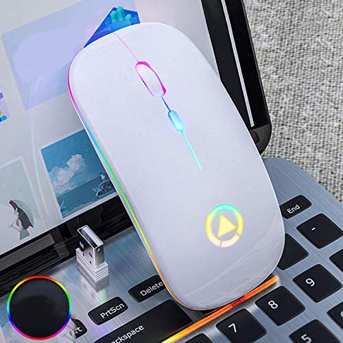 Eachbid White Wireless Mouse RGB Gaming Mouse 2.4GHz Rechargeable Silent Optical Mouse with USB Receiver 1000/1200/1600DPI Ergonomic Mouse with 7 Color Breathing Lights for PC Laptop