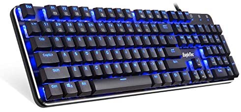 EagleTec KG050-BR LED Blue Backlit Mechanical Gaming Keyboard Low Profile Mechanical Gamers Keyboard 104 Key Metal Mechanical Computer USB Gaming Keyboard for PC Quiet Cherry Brown Switches (Black)