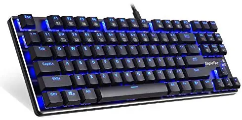 EagleTec KG060-BR LED Blue Backlit Mechanical Gaming Keyboard Low Profile Mechanical Gamers Keyboard 87 Key Metal Mechanical Computer USB Gaming Keyboard for PC Quiet Cherry Brown Switches (Black)