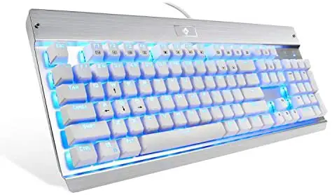 Eagletec KG011 Mechanical Keyboard Wired Ergonomic Clicky Blue Switch Equivalent for Office PC Home or Business (White Keyboard Blue LED Backlit)