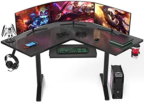 Ecoprsio L Shaped Gaming Desk Corner Desk, Home Office Computer Desk with Keyboard Tray, Large PC Gaming Desk Gamer Workstation, Computer Gaming Desk Table with Cup Holder and Headphone, Black