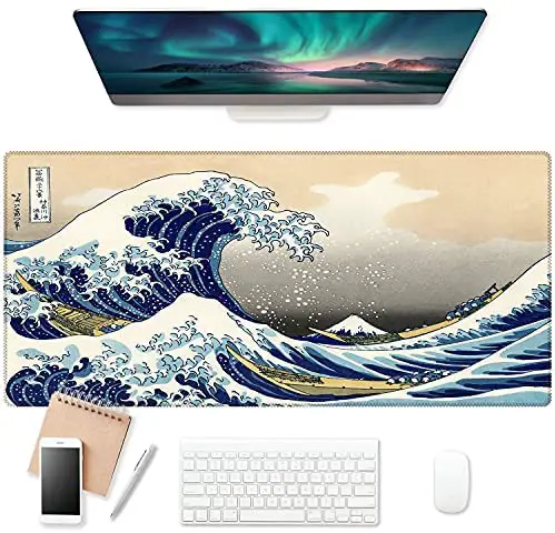 EkuaBot Kanagawa Large Gaming Mouse Pad (35.4×15.7 in, 3mm Thick), Non-Slip Rubber Base and Reinforced Lock Edges, XXL Extended Mousepad for Work, Game, Desktop Decoration