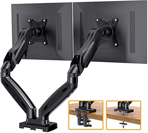 ErGear Dual Arm Monitor Desk Mount Stand, Adjustable Gas Spring, Swivel VESA Mount with C Clamp Grommet Mounting For Most 17-27 Inch Flat Curved Computer Screens up to 14.3lbs