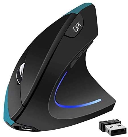 Ergonomic Wireless Vertical Mouse, 2.4GHz Rechargeable Mouse with USB Receiver, Optical Carpal Tunnel Mouse, 6 Buttons,800/1200/1600 DPI, for Laptop/PC/Mac/Computer,Blue