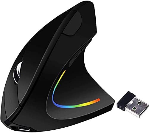 Ergonomic Wireless Vertical Mouse,Funwaretech 2.4GHz Rechargeable Mouse with USB Receiver, Optical Carpal Tunnel Mouse, 6 Buttons,800/1200/1600 DPI, for Laptop/PC/Mac/Computer,Black
