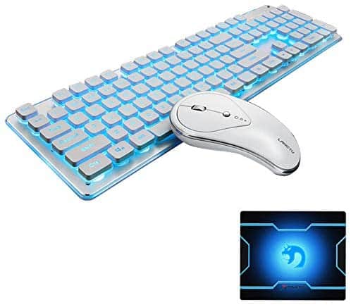 FELICON Wireless Keyboard and Mouse Combo Water Resistance 2.4G Green/Blue Backlit and Wireless Soundless Mouse with Nano USB Receiver for Laptop PC Mac (White)