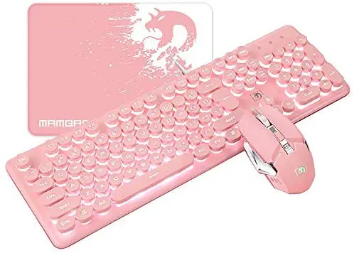 FELiCON Gaming Keyboard Mouse Combo Wired White Led Backlit 104 Keys Ergonomic Gamer Pink Keyboard + 2400DPI Adjust 4 Buttons USB Optical Game Mouse Sets Mousepad for PC Laptop