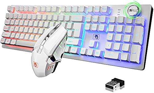 FELiCON Rechargeable Gaming Wireless Keyboard and Mouse Set Rainbow RGB LED Backlit Suspended Keycap Mechanical Feel 4800mAh Large Capacity Lithium Battery for Mac PC Laptop Computer Game Work Office