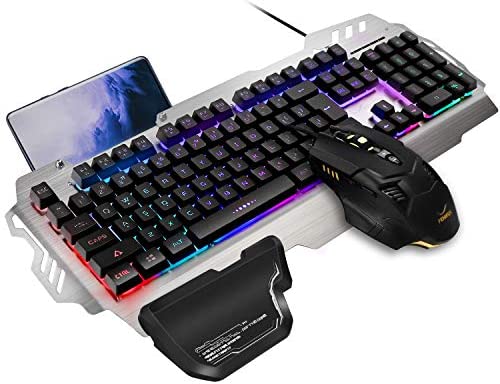 FENIFOX Gaming Keyboard and Mouse, Wired Backlit Rainbow Ergonomic Mechanical Feeling Led Removable Hand Rest Metal Panel,for Windows PC Gamer PS4 Xbox one