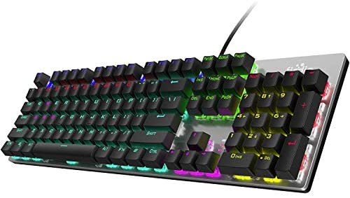 FIODIO Mechanical Gaming Keyboard, Fantastic LED Rainbow Backlit Wired Keyboard, Full Anti-Ghosting Keys, with Quick-Response Blue Switches and Multimedia Control for PC and Desktop Computer
