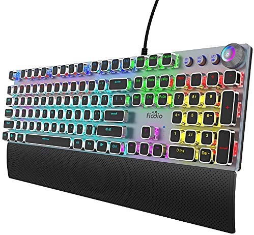 FIODIO Mechanical Gaming Keyboard, LED Rainbow Gaming Backlit, 104 Anti-ghosting Keys, Quick-Response Black Switches, Multimedia Control for PC and Desktop Computer, with Removable Hand Rest