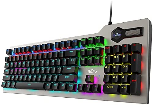 FIODIO Mechanical Gaming Keyboard, Wired RGB Rainbow Backlit Keyboard with Blue Switches, Ergonomic Standard Keyboard for Desktop, Computer, PC (Full Size, 104 Keys), Black (FK-2063-US)