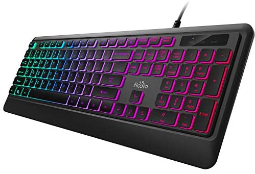 FIODIO Membrane Gaming Keyboard, USB Wired Keyboard with Rainbow Backlit, 104 Comfortable Quiet Silent Keys, 26 Anti-Ghosting Keys, Spill Resistant, Multimedia Control for PC and Desktop Computer