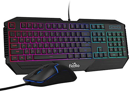 FIODIO Wired Gaming Keyboard and Mouse Combo, Rainbow Backlit Ergonomic Keyboards with 104 Multimedia Keys Wrist Rest, 1600 DPI Gamer Mouse for Windows PC and Desktop Computer (F-1100, Black)