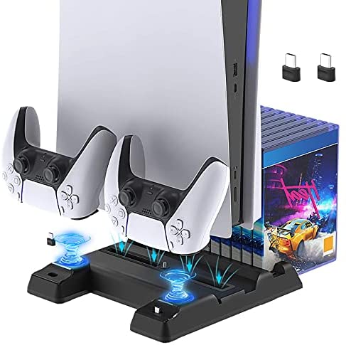 FYOUNG Stand Cooling Fan Charger Station for PS5 Digital Edition/Ultra HD Console and Dual Controllers, Extra USB Ports, 11 Game Rack Organizer and Charging Dock for Sony PS5 DualSense Controller