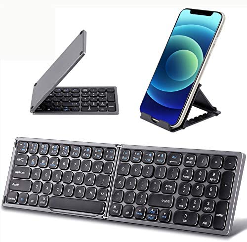 Foldable Bluetooth Keyboard with Numeric Keypad – Samsers Full Size Portable Wireless Keyboard with Holder, Rechargeable Pocket Folding Keyboard for IOS Windows Android Phone Tablet Laptop – Dark Grey