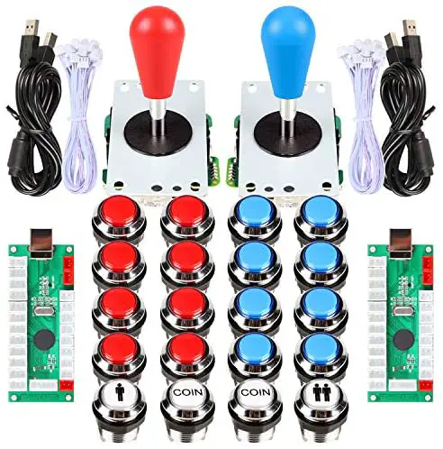Fosiya 2 Player Arcade Games Ellipse Oval Style 8 Ways Joystick + 20 x LED Chrome Arcade Buttons for Video Games Standard Controllers All Windows PC MAME Raspberry Pi (Red + Blue Chrome Buttons)