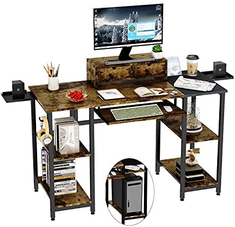 Frunimall 47” Computer Desk with Storage Shelves, Writing Study Gaming Table for Home Office with Keyboard Tray, Monitor Stand, Rustic Brown