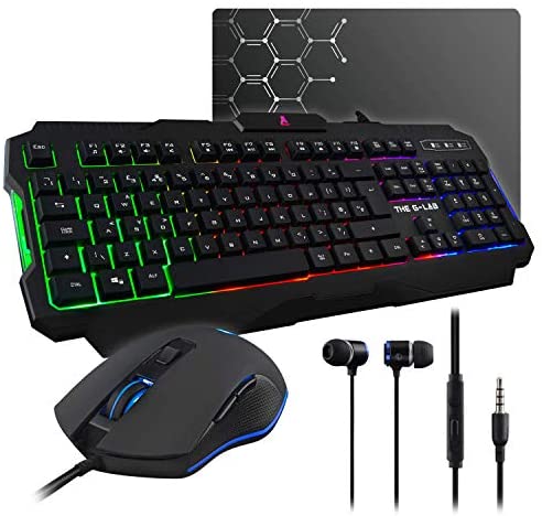 G-LAB Combo Helium – 4-in-1 Gaming Bundle – Backlit QWERTY Gamer Keyboard, 3200 DPI Gaming Mouse, in-Ear Headphones, Non-Slip Mouse Pad – PC Mac PS4 Xbox One Gamer Pack