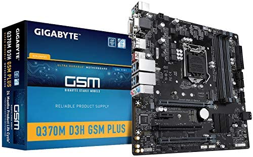 GIGABYTE Q370M D3H GSM Plus Desktop Motherboard – Intel Chipset – Socket H4 LGA-1151-64 GB DDR4 SDRAM Maximum RAM – DIMM, UDIMM – 4 X Memory Slots – Gigabit Ethernet – 6 X USB 3.1 Port – HDMI – DVI