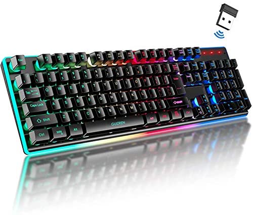 GUIZREN Chroma Rechargeable Wireless Gaming Keyboard, LED Rainbow Backlit, Ergonomic Full Size Keyboard with 7 Color Changing Multimedia Keys, for Teclado Gamer PC, Computer, Desktop, Laptop