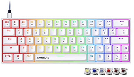 Gamenote 60% Mechanical Keyboard 64 Keys RGB Programmable Gaming Keyboard Gateron Brown Switches, Compact Type-C Wired Hot Swappable Keyboard for PC/Mac/Win (White)
