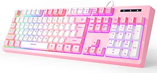 Gaming Keyboard, LORERAN Pink Gaming Keyboard Wired Backlight Pink Keyboard Colorful Lights Effects & Multimedia Keys Adjustable for Mac/PC/Laptop (Pink-White)