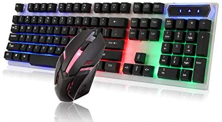 Gaming Keyboard Mouse Combo,Backlit Mechanical Feel Business Office Fullsize USB Keybord with Number pad and Mouse Set,Rainbow LED Light Suspension Keycapess Black