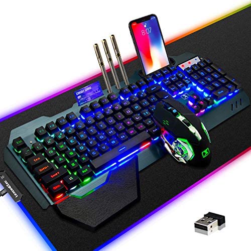 Gaming Keyboard Mouse & Mouse Pad Kit,3 in 1 Rainbow Backlit Rechargeable Wireless Keyboard Mouse with 3800mAh Battery Metal Panel Removable Hand Rest,RGB Gaming Mousepad(32.5x12inch),Gaming Mouse