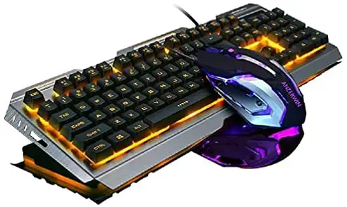 Gaming Keyboard Orange Backlit and Rainbow Mouse Combo,Color Change LED Backlight Computer Gaming Keyboad,Lighted PC Gaming Mouse,USB Keyboard Raised Key,Silver Metal,for Xbox One PS4 Gamer Working