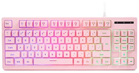 Gaming Keyboard, Rainbow LED Backlit, USB Wired Floating Keyboard CQ87, Quiet Ergonomic, Water-Resistant, Mechanical Feeling Keyboard, for Windows PC Laptop Mac, Pink
