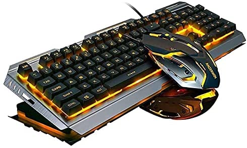 Gaming Keyboard and Mouse Combo Orange Yellow Backlit,LED Backlight Keyboard Computer Gaming Keyboad,Lighted PC Gaming Mouse,USB Keyboard Clicky Key,Silver Metal Structure,for Xbox PS4 PS3 Working
