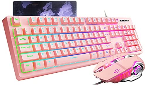 Gaming Keyboard and Mouse Combo Pink, Loreran Gaming Keyboard LED Colorful Lights Backlit Wired Pink Keyboard Kawaii and Cute Keyboard Adjustable Light up Keyboards for Mac/PC/Laptop/Win7/Win8/Win10