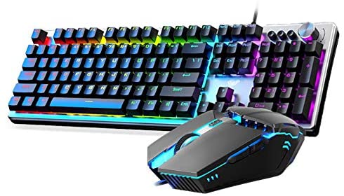 Gaming Keyboard and Mouse Combo, Rainbow Backlit Mechanical Feeling Keyboard with 4 Colors Breathing LED Backlight Mouse Set for PC Laptop Computer Game and Work, Home and Office
