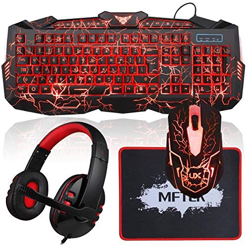 Gaming Keyboard and Mouse Combo with Headset, MFTEK Crack Backlit 3 Colors Keyboard, Wired Gaming Mouse, Lighted Gaming Headset with Microphone Set, 50mm Speaker Driver + Mouse Pad for PC Games