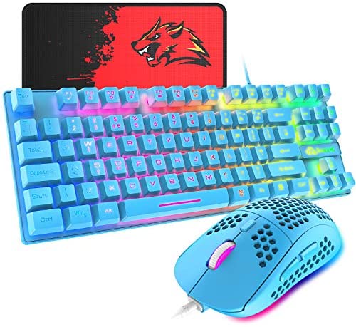 Gaming Keyboard and Mouse Combo,88 Keys Compact Rainbow Backlit Mechanical Feel Keyboard,RGB Backlit 6400 DPI Lightweight Gaming Mouse with Honeycomb Shell for Windows PC Gamers (Blue)