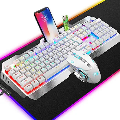 Gaming Keyboard and Mouse Set, White Ranibow LED Backlit Ergonomic Mechanical Feel Suspended Keycap keyboard with Stand 2400DPI 7 Colors Breathing Light Gaming Mouse and RGB LED Lighting Mousepad