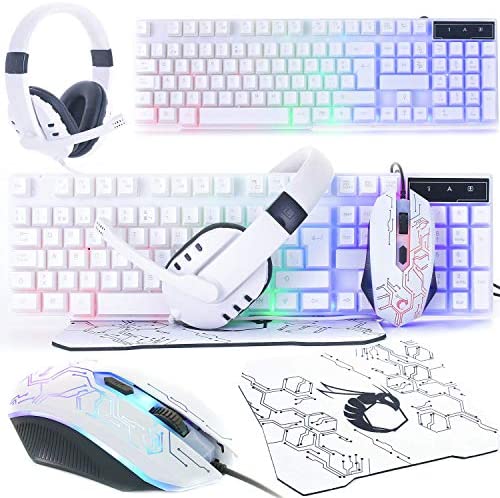Gaming Keyboard and Mouse and Gaming Headset & Mouse Pad, Wired LED RGB Backlight Bundle for PC Gamers Users – 4 in 1 White Edition Hornet RX-250