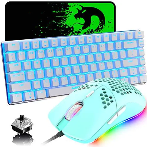 Gaming Keyboard and Mouse,3 in 1 Blue LED Backlit Wired Mechanical Keyboard Black Switch,RGB 6400 DPI Lightweight Gaming Mouse with Honeycomb Shell,Gaming Mouse Pad for PC Gamers(Macaron Green)