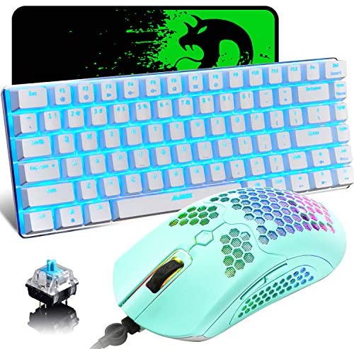 Gaming Keyboard and Mouse,3 in 1 Gaming Set,Blue LED Backlit Wired Gaming Keyboard,RGB Backlit 12000 DPI Lightweight Gaming Mouse with Honeycomb Shell,Large Mouse Pad for PC Game(Macaron Green)